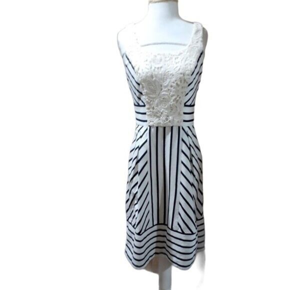 Anthropologie Maeve Chessia Striped Lace Sleeveless Dress Size 0 Black & Ivory - Picture 2 of 10